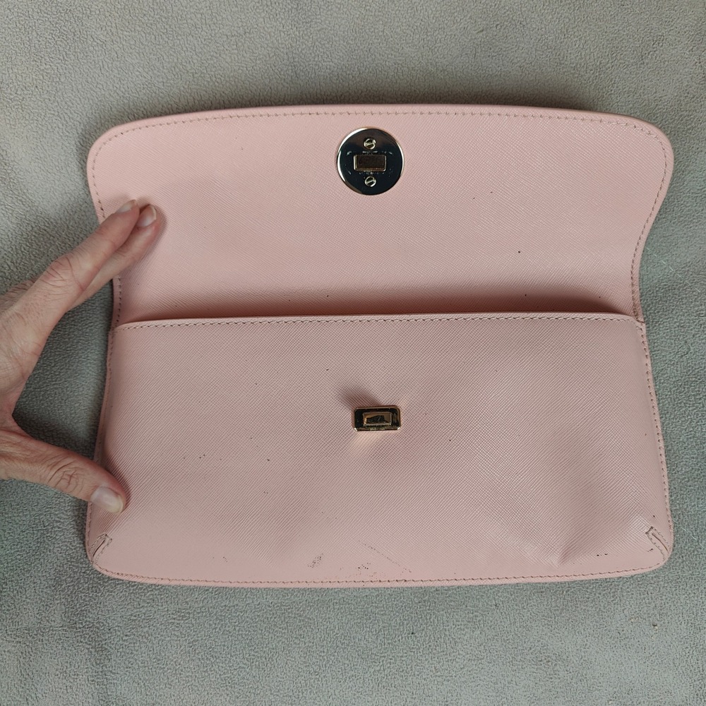 Tory Burch Leather Slim Diana Flap Clutch Blush Pink Saffiano Preppy FLAWS - Picture 8 of 12